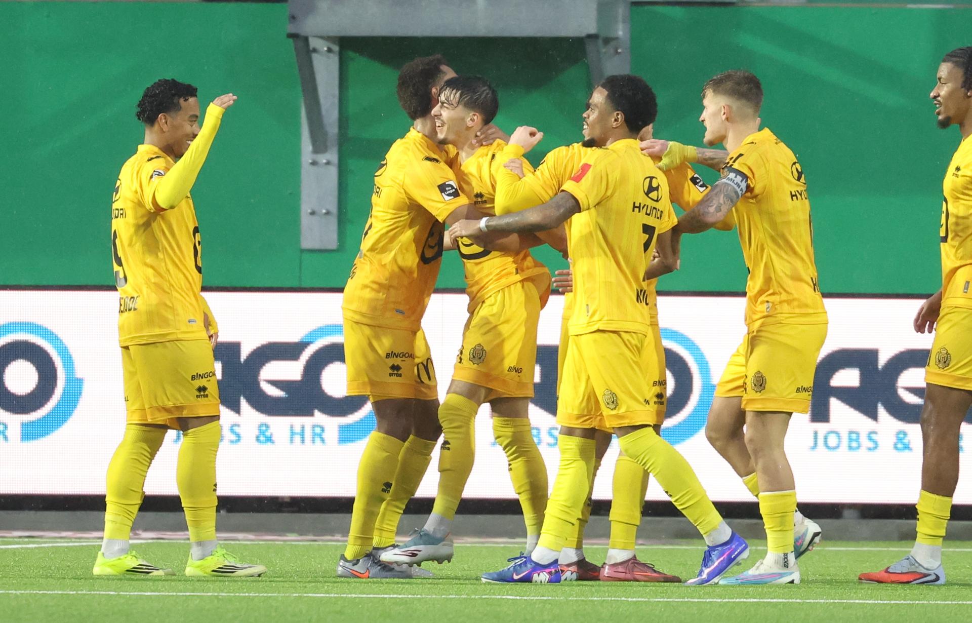 Mechelen's Keano Kiki Vanrafelghem celebrates after scoring during a soccer match between RAAL La Louviere and KV Mechelen, Sunday 22 February 2026 in La Louviere, on day 26 of the 2025-2026 'Jupiler Pro League' first division of the Belgian championship. BELGA PHOTO VIRGINIE LEFOUR