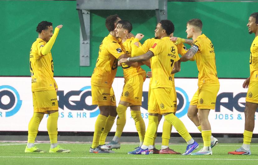 Mechelen's Keano Kiki Vanrafelghem celebrates after scoring during a soccer match between RAAL La Louviere and KV Mechelen, Sunday 22 February 2026 in La Louviere, on day 26 of the 2025-2026 'Jupiler Pro League' first division of the Belgian championship. BELGA PHOTO VIRGINIE LEFOUR