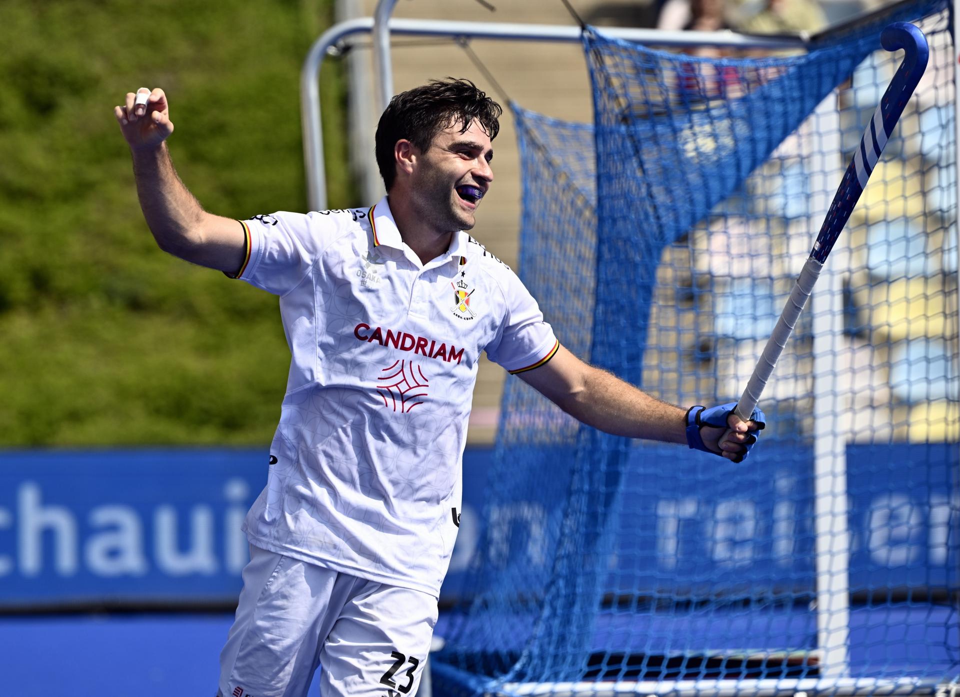 Belgium's Arthur de Sloover celebrates after scoring during a hockey game between Belgian national team Red Lions and Austria, match 1/3 in the pool stage of the 2025 men's European championships, Saturday 09 August 2025 in Monchengladbach, Germany. BELGA PHOTO ERIC LALMAND