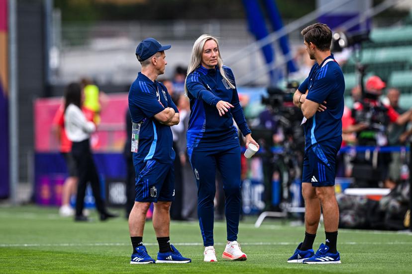 Elisabet GUNNARSDOTTIR head coach of Belgium discovers the pitch prior to the women's UEFA Euro 2025 match between Belgium and Italy at Stade de Tourbillon on July 3, 2025 in Sion, Switzerland. (Photo by Baptiste Fernandez/Icon Sport) BELGIUM ONLY
