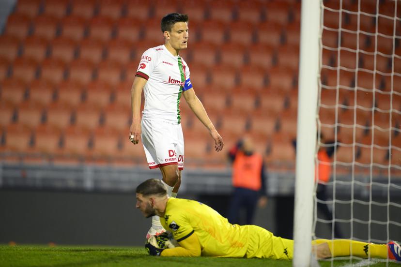 Essevee's Jelle Vossen reacts during a soccer match between RFC Seraing and Zulte Waregem, Sunday 06 April 2025 in Seraing, on day 28 of the 2024-2025 'Challenger Pro League' 1B second division of the Belgian championship. BELGA PHOTO JOHN THYS