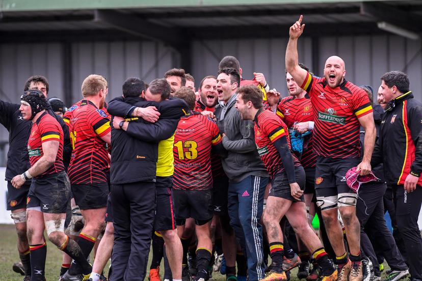 Belgian players celebrate after winning the game between the Black Devils, Belgian national rugby team, and Spain at the European International Championship Men, in Brussels, Sunday 18 March 2018. BELGA PHOTO LAURIE DIEFFEMBACQ