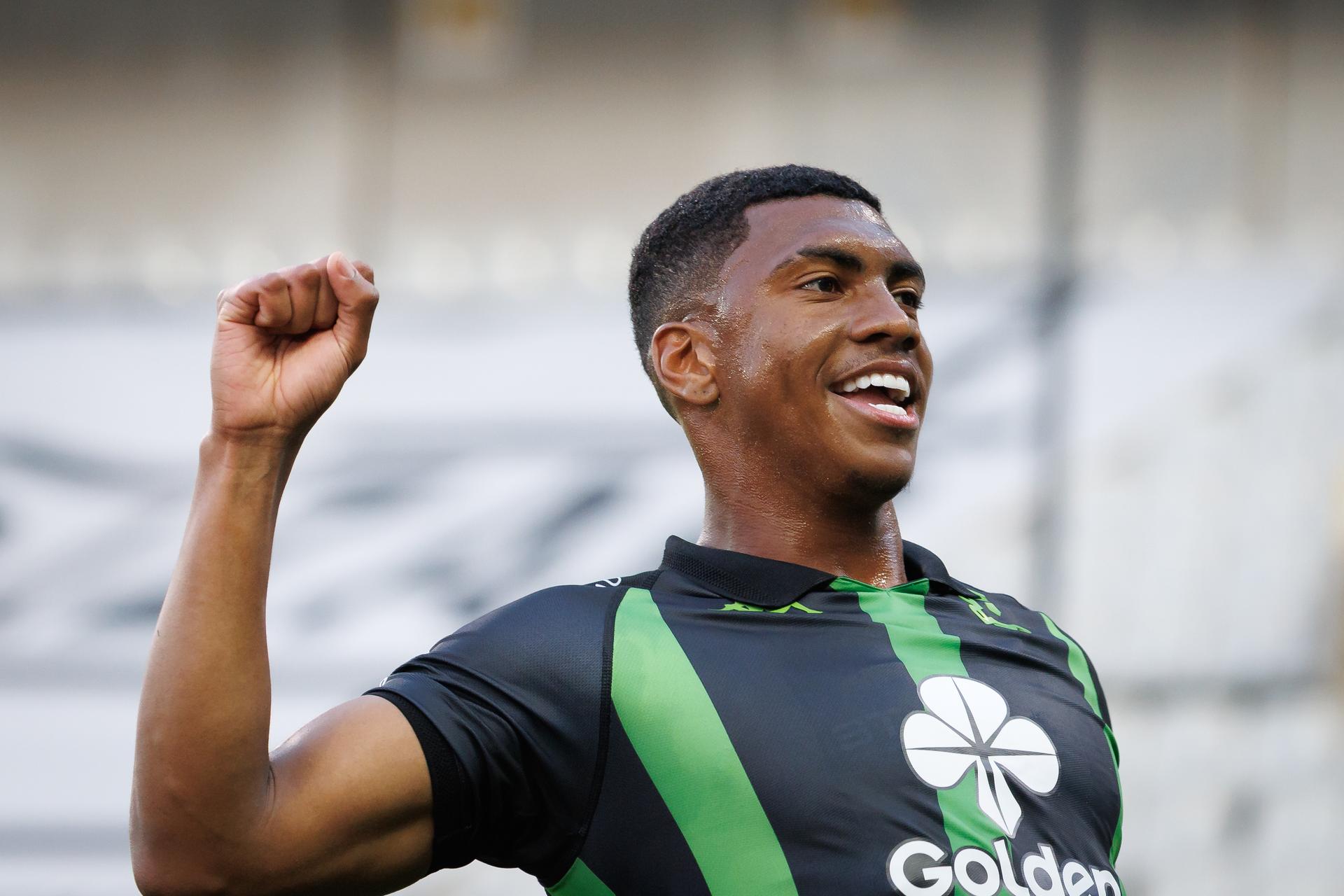 Cercle's Felipe Augusto Da Silva celebrates after scoring during a soccer match between Cercle Brugge and Patro Eisden Maasmechelen, Friday 23 May 2025 in Brugge, the second leg of the Relegation Play-offs Finals of the 2024-2025 'Jupiler Pro League' Belgian championship. The winner of the meeting will qualify to play in the First Division. BELGA PHOTO KURT DESPLENTER