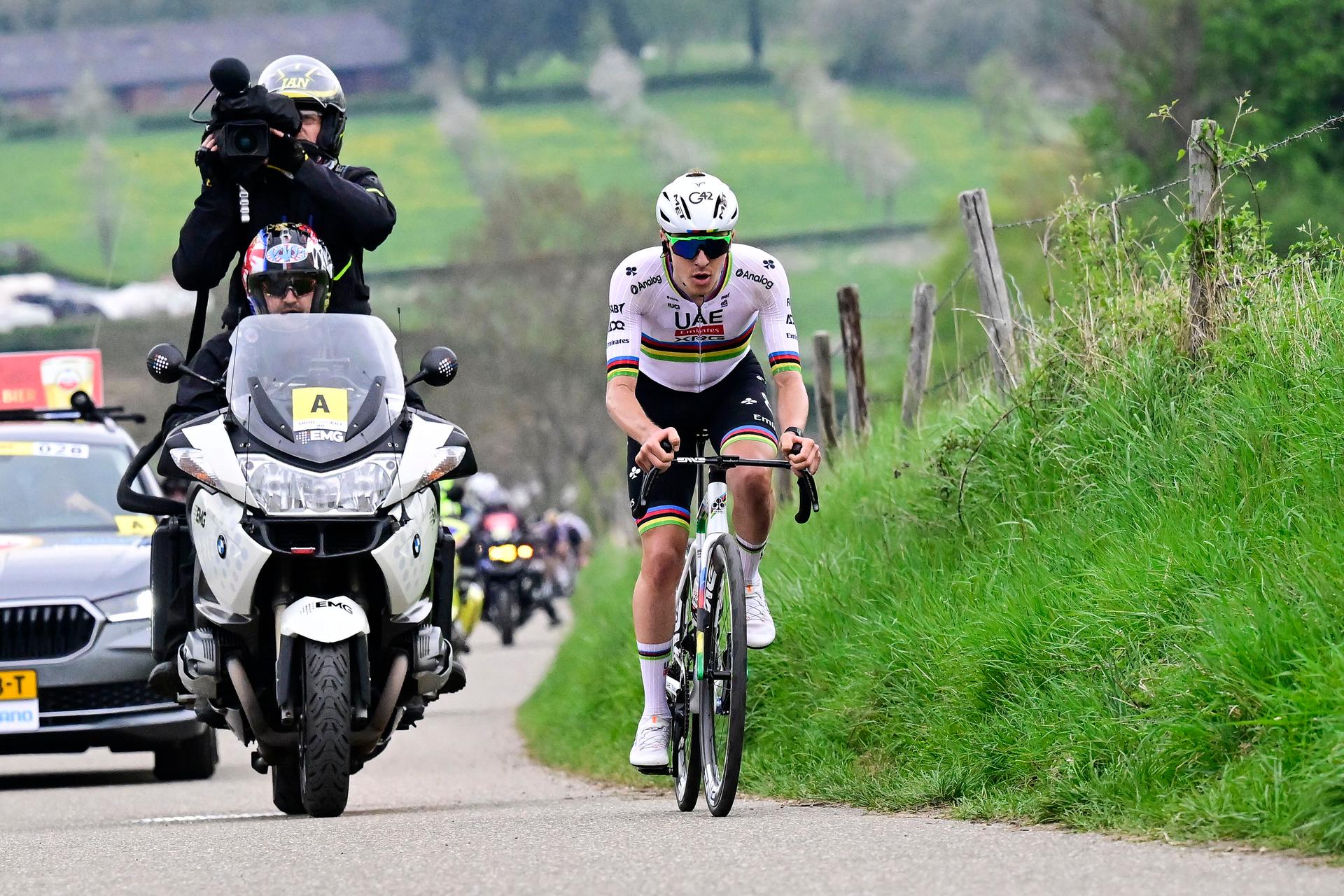 Slovenian Tadej Pogacar of UAE Team Emirates pictured in action during the men elite 'Amstel Gold Race' one day cycling race, 255,9 km from Maastricht to Valkenburg, The Netherlands, Sunday 20 April 2025. BELGA PHOTO DIRK WAEM