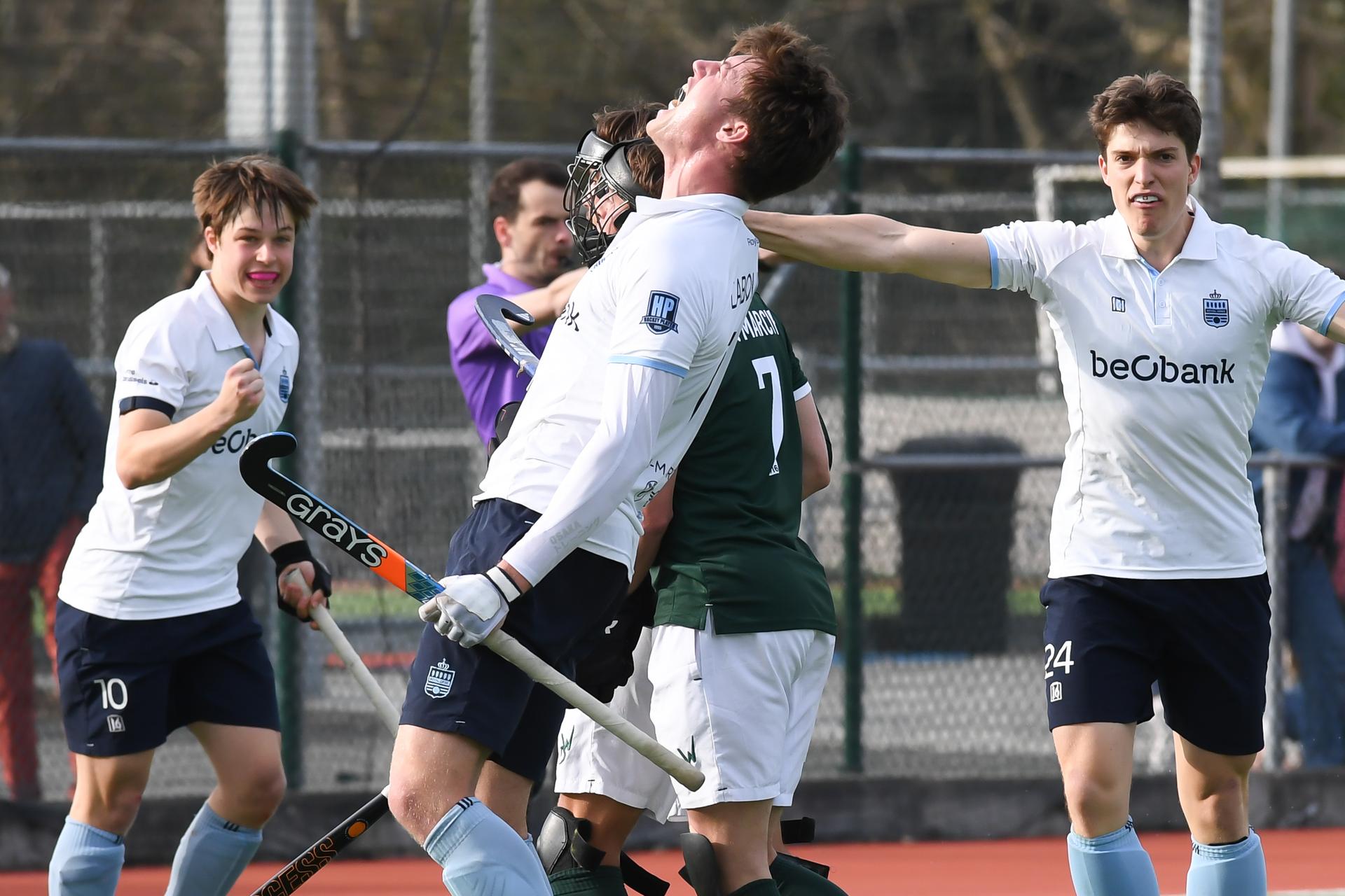Oree's Hugo Labouchere celebrates after scoring during a hockey game between Waterloo Ducks and Royal Oree, Sunday 23 March 2025 in Waterloo, on day 14 of the Belgian first division hockey championship. BELGA PHOTO JILL DELSAUX