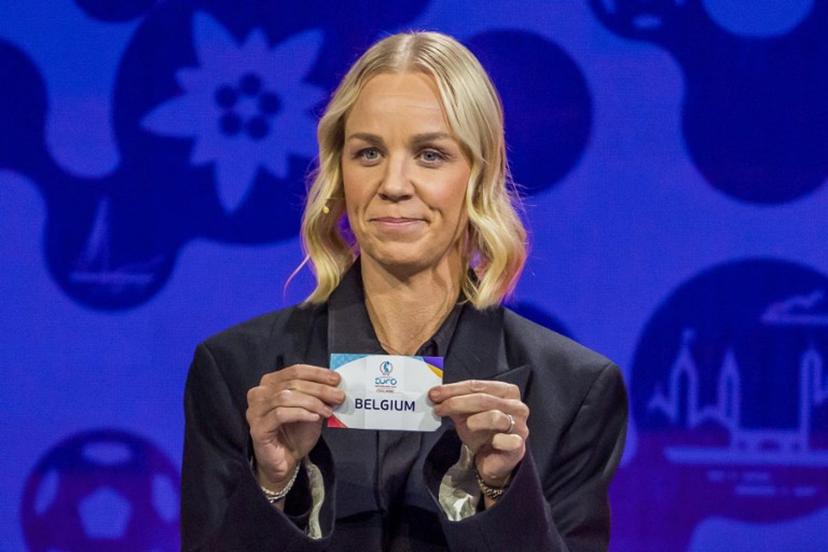Former Swiss football player Caroline Seger shows the paper slip of Belgium during the draw for UEFA Women's Euro 2025 in Lausanne, on December 16, 2024.  Fabrice COFFRINI / AFP