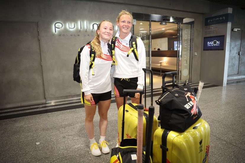 Belgium's Charlotte Englebert and Belgium's Michelle Struijk pictured during the depart of the national hockey team to the upcoming Olympic Games, Friday 19 July 2024 in Brussels. Belgium's women's team the Red Panthers and the men's Red Lions will compete at the 2024 Olympic Games in Paris. BELGA PHOTO VIRGINIE LEFOUR