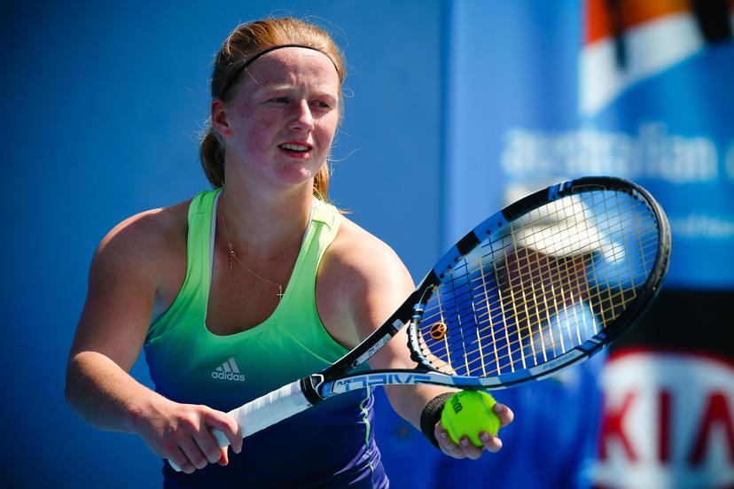 20160123 - MELBOURNE, AUSTRALIA: Belgian Lara Salden plays her first round game of Junior Girls Singles against Japanse  Mai Hontama at the 'Australian Open' tennis Grand Slam, Saturday 23 January 2016 in Melbourne Park, Melbourne, Australia. The first grand slam of the season takes place from 18 to 31 January. BELGA PHOTO PATRICK HAMILTON