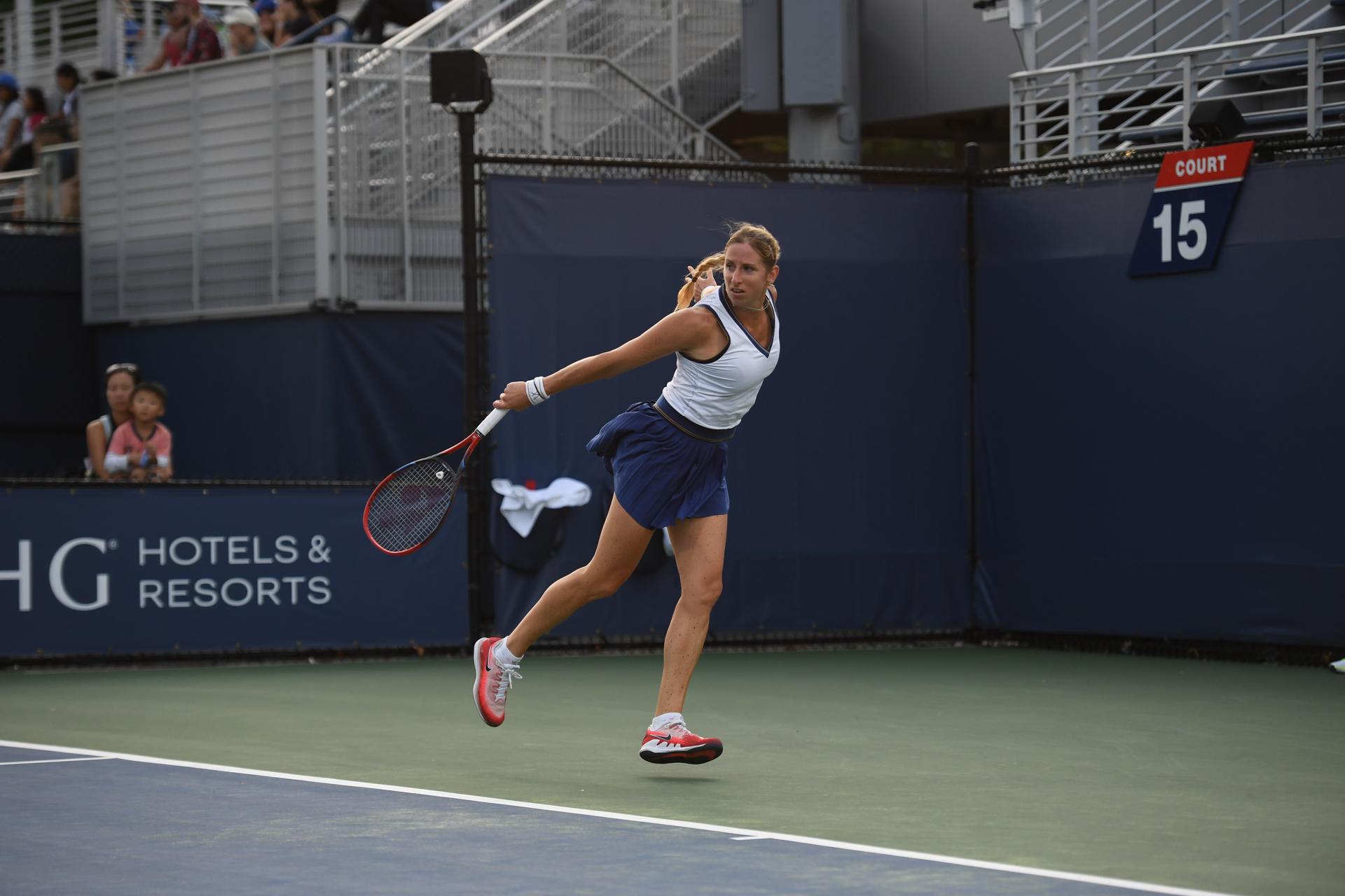Magali Kempen pictured in action during a tennis match against Spanish Bolsova, in the Women's Qualifying Round at the 2023 US Open Grand Slam tennis tournament, at Flushing Meadow, New York City, USA, Tuesday 22 August 2023. BELGA PHOTO TONY BEHAR