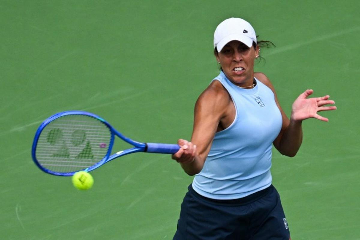 USA's Madison Keys returns the ball to Croatia's Donna Vekic during the Round of 16 women's singles match of the BNP Paribas Open at the Indian Wells Tennis Garden in Indian Wells, California on March 12, 2025.  Patrick T. Fallon / AFP
