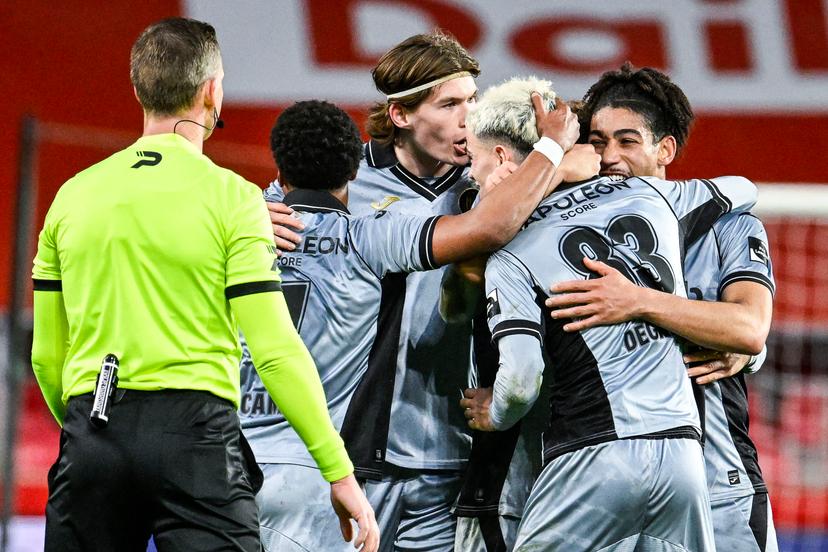 Anderlecht's Tristan Degreef celebrates after scoring during a soccer game between Royal Antwerp FC and RSC Anderlecht, the return leg of the semi-final of the Croky Cup Belgian cup, Thursday 12 February 2026 in Antwerp. BELGA PHOTO TOM GOYVAERTS