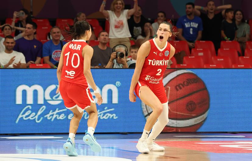 Turkish Sevgi Uzun celebrates during a basketball match between Italy and Turkey, in the quarterfinals of the FIBA Women's EuroBasket tournament, Tuesday 24 June 2025 in Piraeus, Greece. BELGA PHOTO VIRGINIE LEFOUR