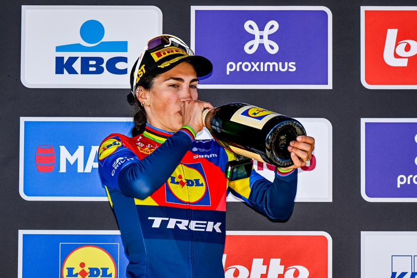 Italian Elisa Balsamo of Lidl-Trek celebrates on the podium after winning the women's race of the 113th edition of the 'Scheldeprijs' one day cycling event, 202,8 km from Terneuzen, the Netherlands to Schoten, Belgium on Wednesday 09 April 2025. BELGA PHOTO ERIC LALMAND