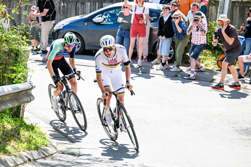 Slovenian Tadej Pogacar of UAE Team Emirates-XRG and French Paul Seixas of Decathlon CMA CGM Team pictured in action during the men elite race of the Liege-Bastogne-Liege UCI World Tour one day cycling race, 259,5km from Liege, over Bastogne to Liege, Sunday 26 April 2026. BELGA PHOTO MAARTEN STRAETEMANS