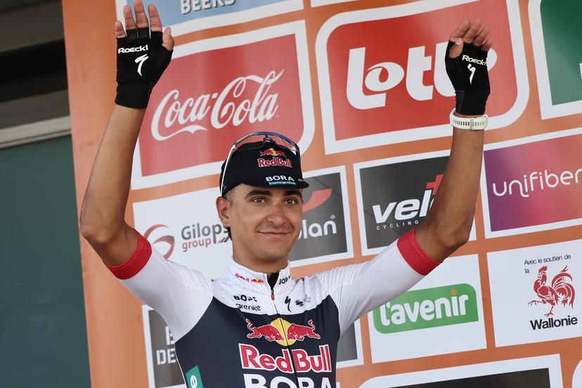 Italian Davide Donati (Red Bull Bora Hansgrohe) celebrates on the podium after winning the third stage of the Tour De Wallonie cycling race, from Estinnes to Antoing (165,3km), on Monday 28 July 2025. BELGA PHOTO BRUNO FAHY