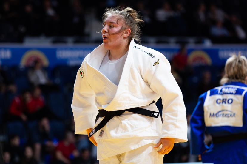 Belgian Gabrielle Bouvier pictured during a fight in the Women +78kg, at the European Judo Championships in Podgorica, Montenegro, on Saturday 26 April 2025. The tournament is taking place from 23 tot 27 April 2025.  BELGA PHOTO NIKOLA KRISTC