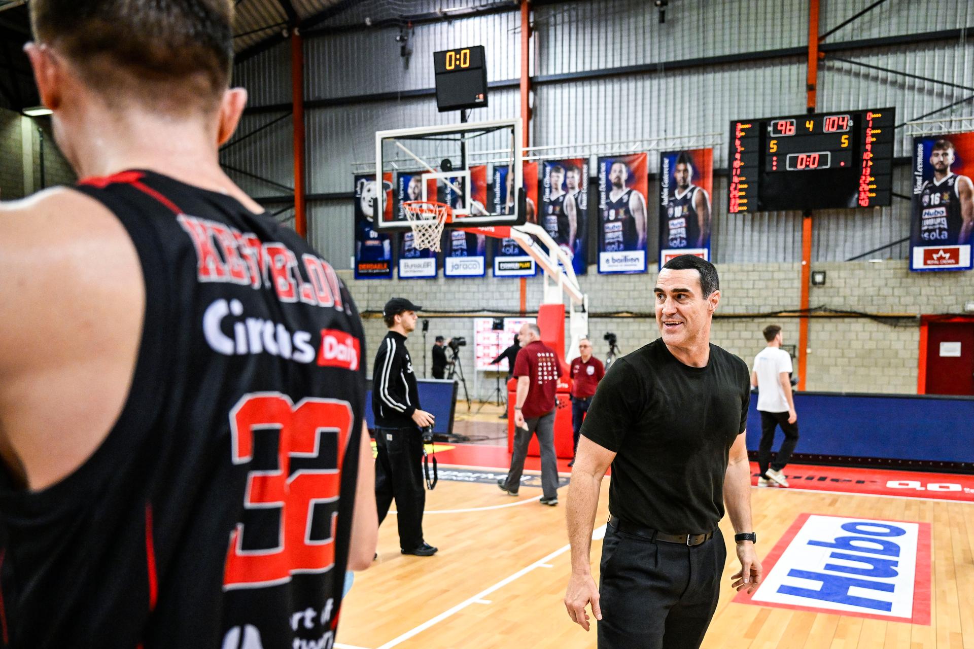 Antwerp's head coach Roel Moors celebrates after winning a basketball match between Limburg United and Antwerp Giants, Sunday 08 February 2026, in Hasselt, in the semifinals of the Men's Lotto Basketball Cup competition. BELGA PHOTO TOM GOYVAERTS