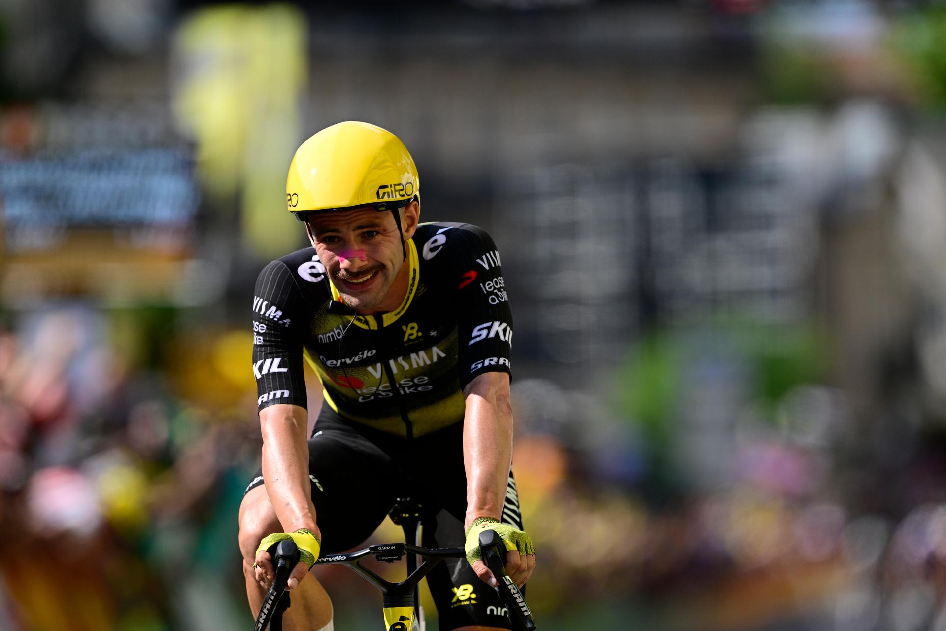 Belgian Victor Campenaerts of Team Visma-Lease a Bike and pictured crossing the finish line of the stage 15 of the 2025 Tour de France cycling race, from Muret to Carcasonne (169 km), on Sunday 20 July 2025 in France. The 112th edition of the Tour de France starts on Saturday 5 July in Lille, France, and will finish in Paris, France on the 27th of July.   BELGA PHOTO DIRK WAEM