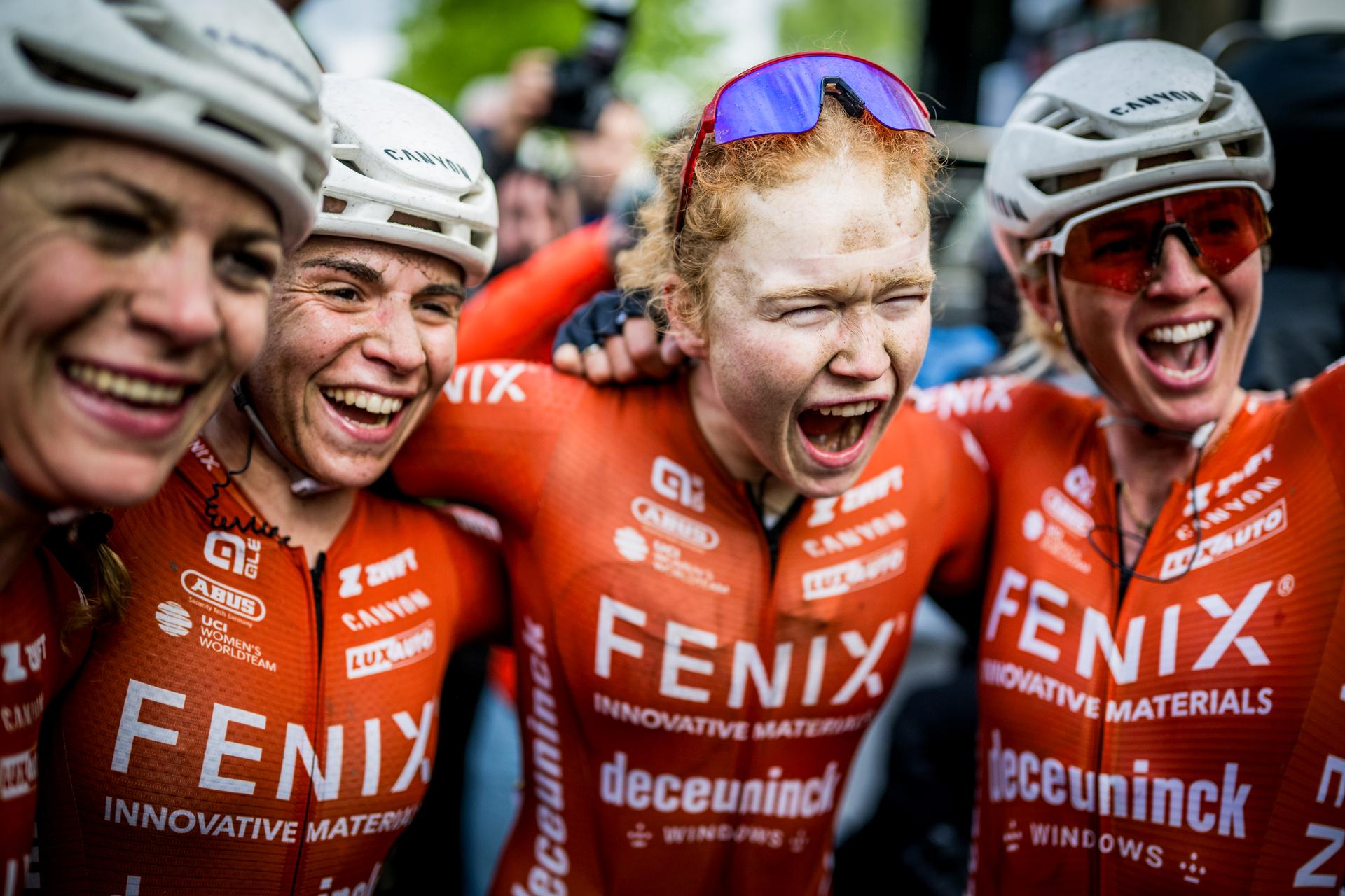 Dutch Puck Pieterse of Fenix-Deceuninck celebrates after winning the women's race of the 'La Fleche Wallonne', one day cycling race (Waalse Pijl - Walloon Arrow), 140,7 km from Ciney to Huy, Wednesday 23 April 2025. BELGA PHOTO JASPER JACOBS