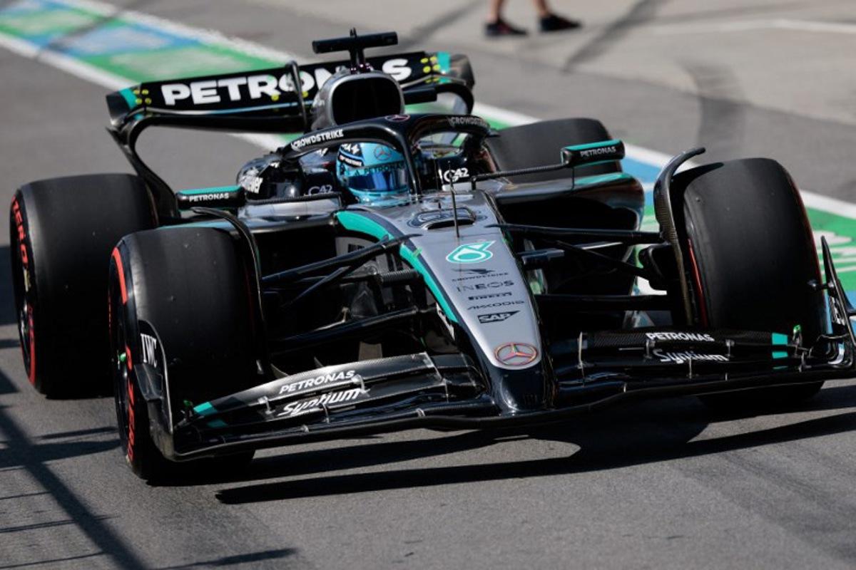 Mercedes' British driver George Russell drives out of pit lane during the qualifying session for the 2025 Formula 1 Grand Prix du Canada at Circuit Gilles-Villeneuve in Montreal, Canada, on June 14, 2025.   SHAWN THEW / POOL / AFP