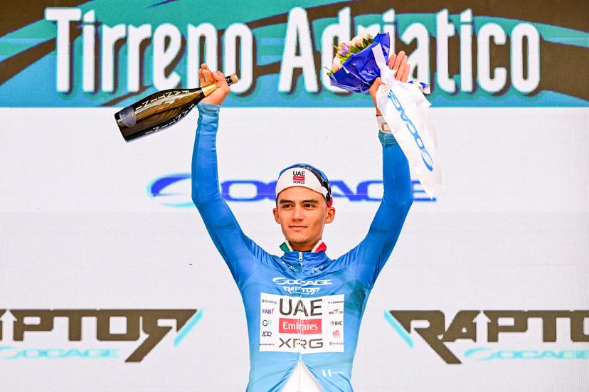 Mexican Isaac Del Toro of UAE Team Emirates-XRG pictured on the podium after the second stage of the Tirreno-Adriatico cycling race, from Camaiore to San Gimignano (206 km), Italy, Tuesday 10 March 2026. BELGA PHOTO DIRK WAEM