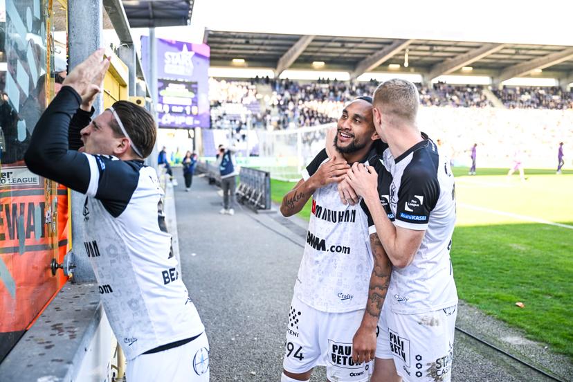 STVV's Loic Lapoussin celebrates after scoring during a soccer match between Beerschot VA and Sint-Truidense VV, Saturday 29 March 2025 in Antwerp, on day 1 (out of 6) of the Relegation Play-offs of the 2024-2025 'Jupiler Pro League' first division of the Belgian championship. BELGA PHOTO TOM GOYVAERTS