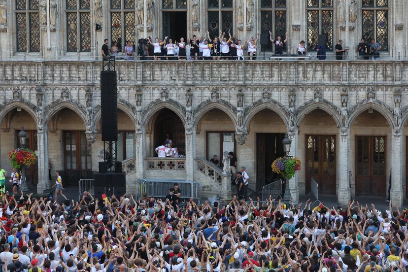Belgian Cats' pictured during celebrations after the Paris 2024 Olympic Games, at the Grand Place - Grote Markt and the Brussels City Hall, in Brussels, on Monday 12 August 2024. The Belgian delegation at the Games of the XXXIII Olympiad counted 165 athletes competing in 21 sports. BELGA PHOTO VIRGINIE LEFOUR