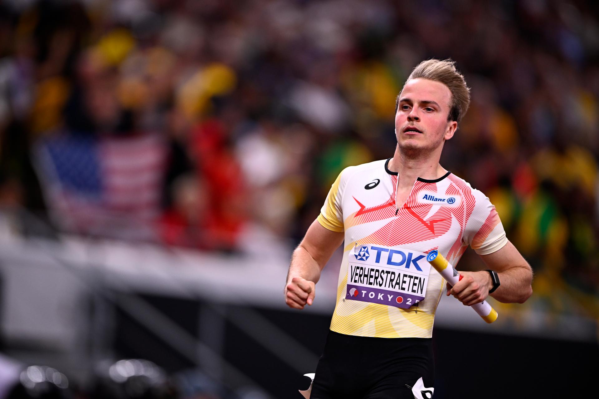Belgian Simon Verherstraeten pictured during the heats of the men's 4x100m relay race, at the World Athletics Championships in Tokyo, Japan, on Saturday 20 September 2025. The outdoor Worlds are taking place from 13 to 21 September. BELGA PHOTO JASPER JACOBS