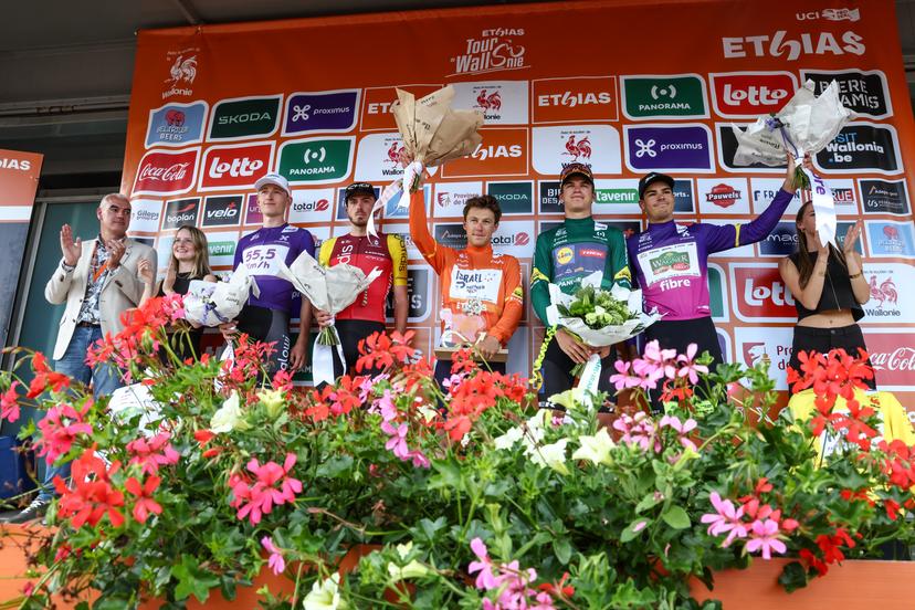 The final podium pictured after the fifth and final stage of the Tour De Wallonie cycling race, from and back of Bertrix (183,3 km), on Wednesday 30 July 2025. BELGA PHOTO BRUNO FAHY