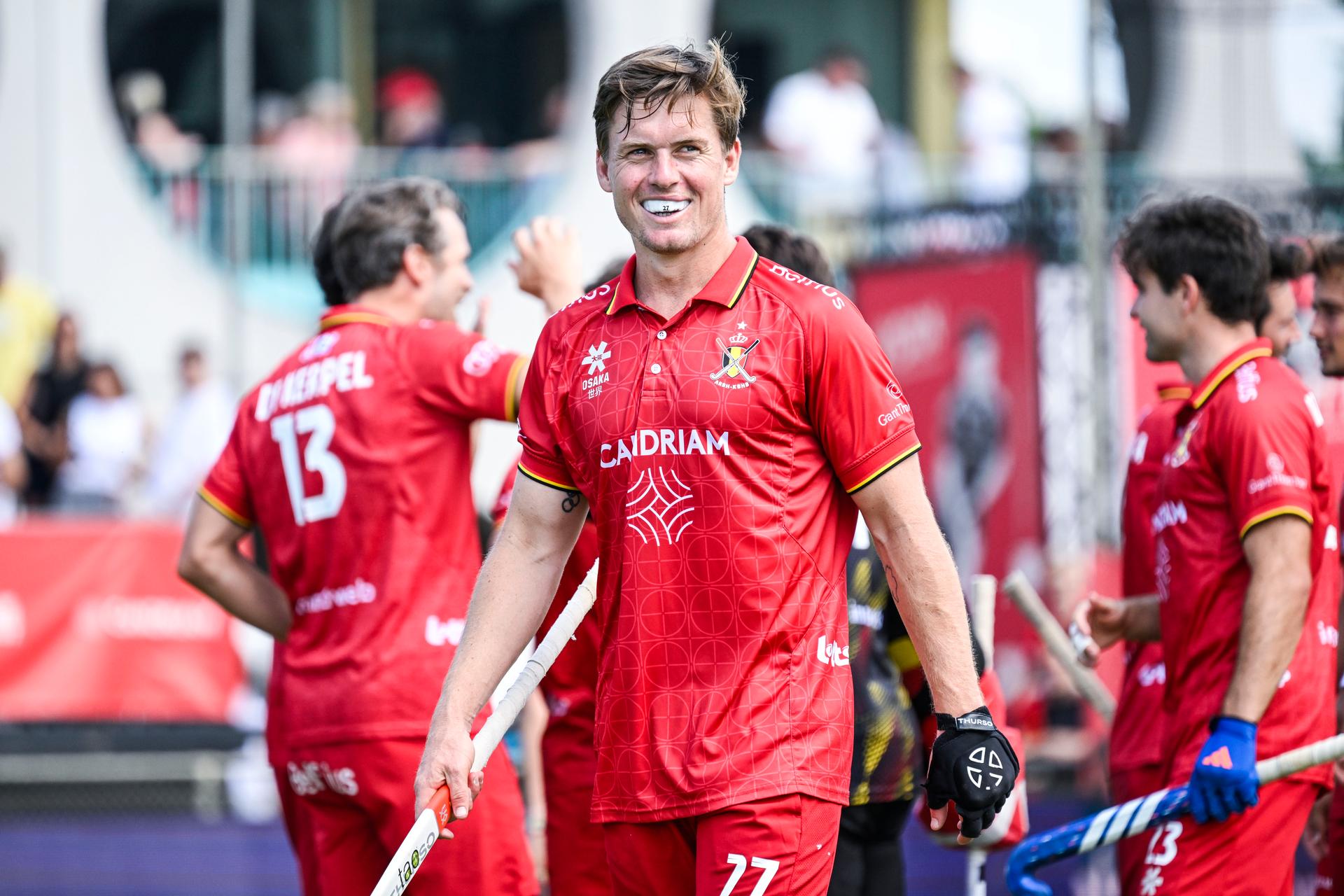 Belgium's Tom Boon celebrates after a hockey game between Belgian national team Red Lions and England, match 16/16 in the group stage of the 2025 men's FIH Pro League, Sunday 29 June 2025 in Antwerp. BELGA PHOTO TOM GOYVAERTS