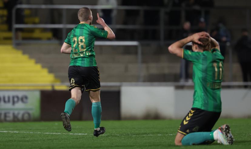 Francs Borains' Mathias Francotte celebrates after scoring during a soccer game between Royal Francs Borains and KSC Lokeren, Thursday 12 March 2026 in Boussu, on day 29 of the 2025-2026 'Challenger Pro League' 1B second division of the Belgian championship. BELGA PHOTO VIRGINIE LEFOUR