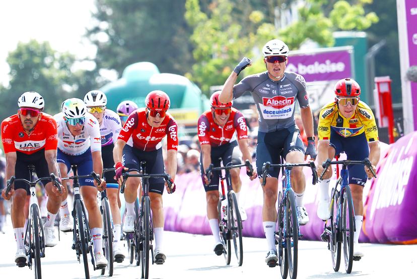 Belgian Jasper Philipsen of Alpecin-Deceuninck crosses the finish line to win the second stage of the Baloise Belgium Tour cycling race, 194,6 km from Beringen to Putte, Thursday 19 June 2025. The Baloise Belgium Tour takes place from 18 to 22 June. BELGA PHOTO DAVID PINTENS