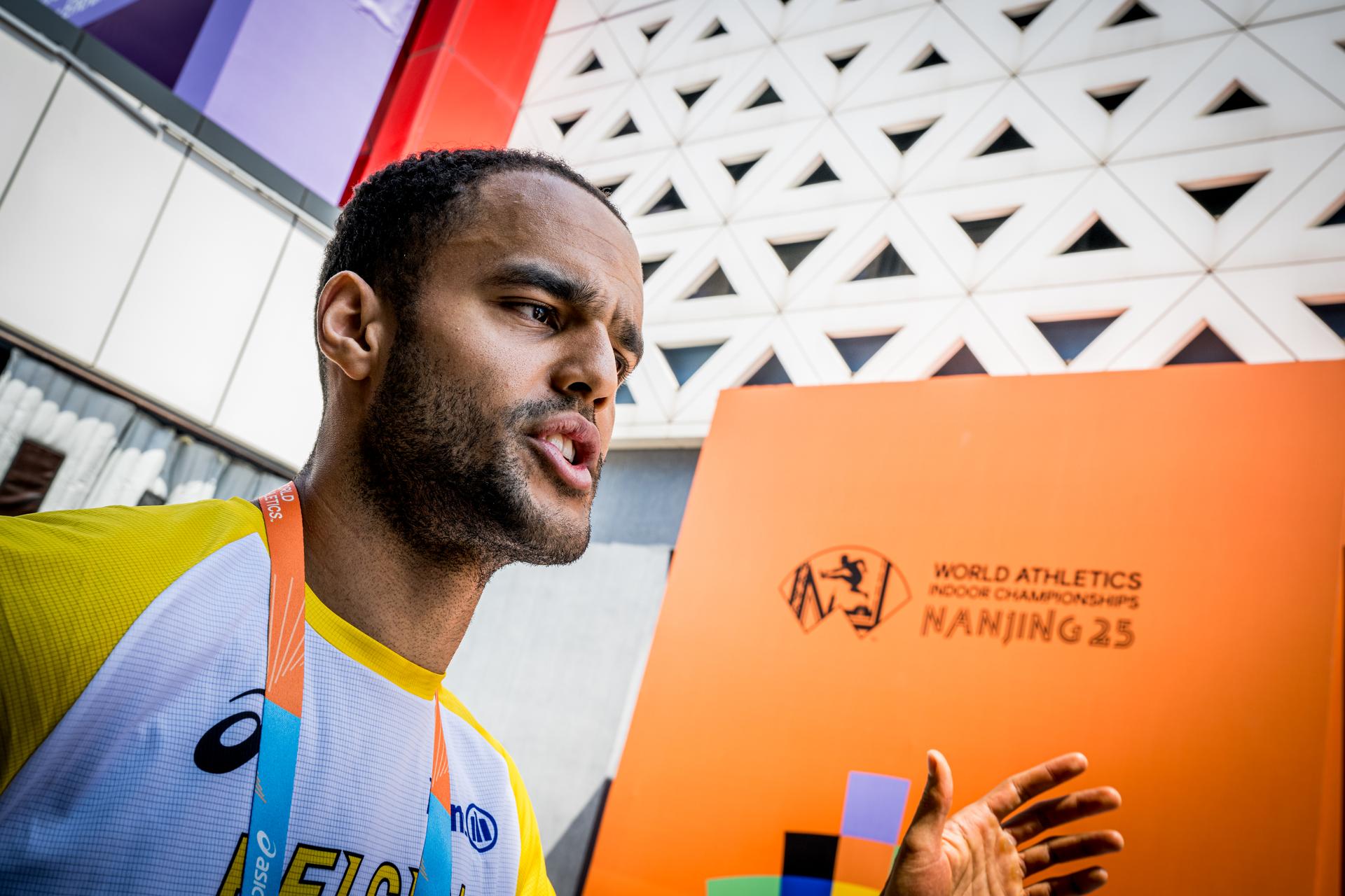 Belgian Michael Obasuyi talks to the press during the World Athletics Indoor Championships, in Nanjing, China, Thursday 20 March 2025. The championships take place from 21 to 23 March. BELGA PHOTO JASPER JACOBS