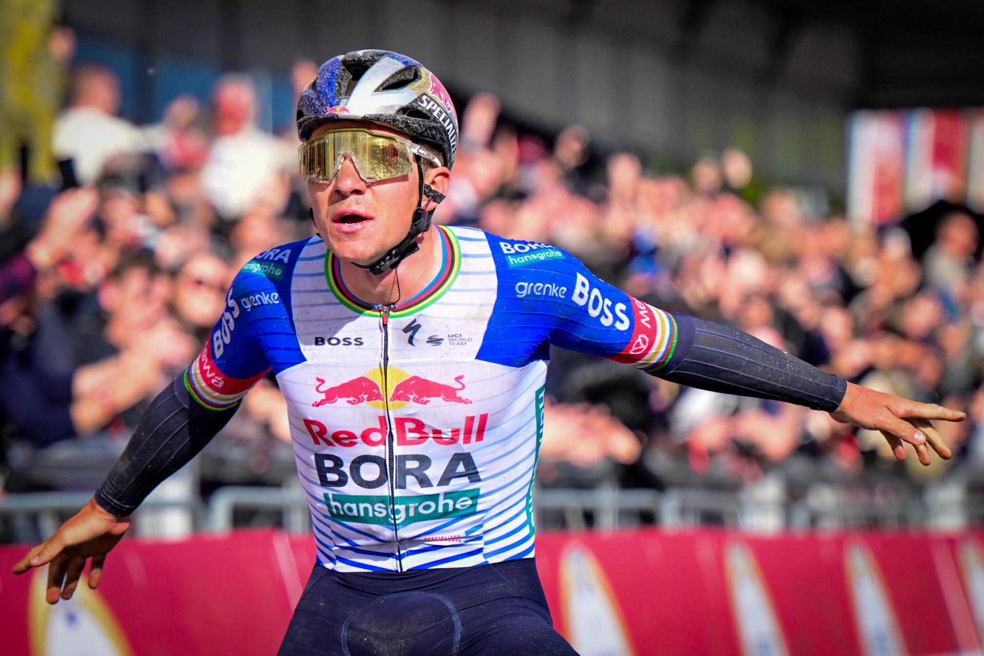 Belgian Remco Evenepoel of Red Bull-BORA-hansgrohe celebrates as he crosses the finish line to win the men elite 'Amstel Gold Race' one day cycling race, 257,4 km from Maastricht to Valkenburg, The Netherlands, Sunday 19 April 2026. BELGA PHOTO DIRK WAEM
