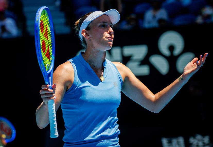 Belgian Elise Mertens pictured during a doubles tennis match between Belgian-Chinese pair Mertens-Zhang and Kazakh/Serbian pair Danilina/Krunic, in the final of the women doubles at the Australian Open, Melbourne Park, Melbourne on Saturday 31 January 2026. BELGA PHOTO PATRICK HAMILTON  --- BENELUX ONLY   ---