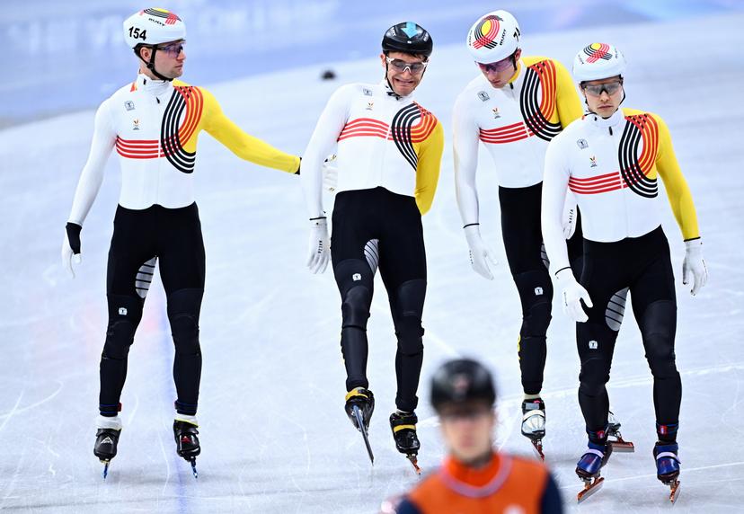 Belgian shorttrack skater Adriaan Dewagtere, Belgian shorttrack skater Ward Petre, Belgian shorttrack skater Warre Van Damme and Belgian shorttrack skater Stijn Desmet pictured before the semifinals of the men's 5000m Relay Short Track Speed Skating, at the Milano Cortina 2026 Olympic Winter Games, on Monday 16 February 2026 in Milan, Italy. The XXV Winter Olympics take place from 6 to 22 February 2026 in Italy. BELGA PHOTO JASPER JACOBS