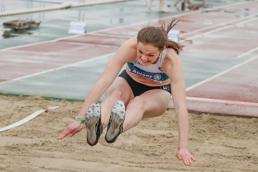 Ilona Masson pictured in action during the long jump event, at the all categories championships of the LBFA French-speaking Athletics Union, Saturday 15 May 2021, at the Stade Futurosport, in Mouscron. BELGA PHOTO BRUNO FAHY
