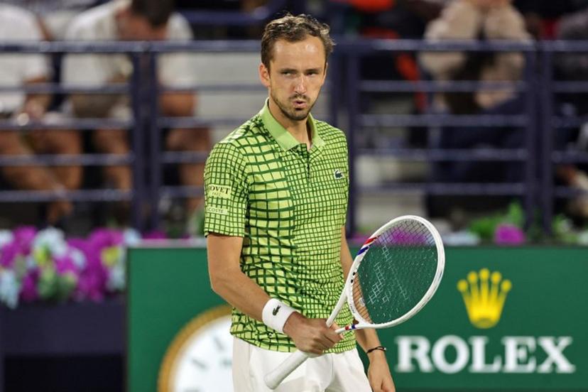 Russia's Daniil Medvedev reacts during his men's singles semi-final match against Canada's Felix Auger-Aliassime at the Dubai Duty Free Tennis tournament in Dubai on February 27, 2026.  Fadel SENNA / AFP