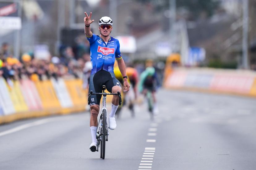 Dutch Mathieu van der Poel of Alpecin-Premier Tech celebrates as he crosses the finish line to win the 'E3 Saxo Bank Classic' one day cycling race, 208,8km from and to Harelbeke, on Friday 27 March 2026. BELGA PHOTO DAVID PINTENS