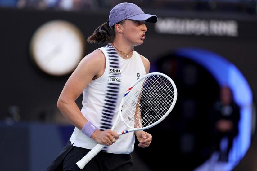 Poland's Iga Swiatek reacts on a point to Australia's Maddison Inglis during their women's singles match on day nine of the Australian Open tennis tournament in Melbourne on January 26, 2026.  Martin KEEP / AFP