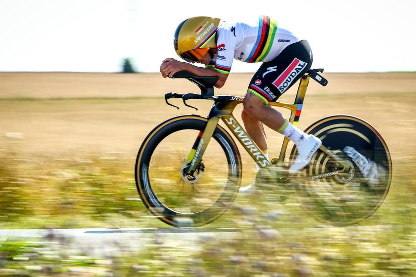 Belgian Remco Evenepoel of Soudal Quick-Step pictured in action during stage five of the 2025 Tour de France cycling, a 33km time trial in Caen, France on Wednesday 09 July 2025. The 112th edition of the Tour de France starts on Saturday 5 July in Lille, France, and will finish in Paris, France on the 27th of July. BELGA PHOTO DAVID PINTENS