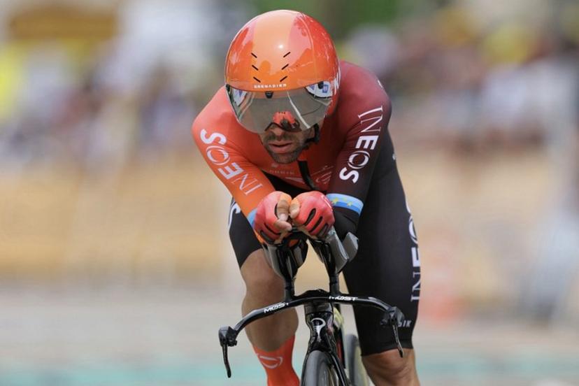 INEOS Grenadiers team's Spanish rider Jonathan Castroviejo cycles past the finish line of the 7th stage of the 111th edition of the Tour de France cycling race, 25,3 km individual time trial between Nuits-Saint-Georges and Gevrey-Chambertin, on July 5, 2024.  Thomas SAMSON / AFP