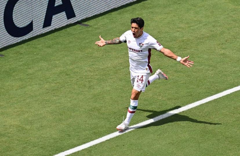 Fluminense's Argentine forward #14 German Cano celebrates after scoring the opening goal during the FIFA Club World Cup 2025 round of 16 football match between Italy's Inter Milan and Brazil's Fluminense at the Bank of America Stadium in Charlotte on June 30, 2025.  Federico PARRA / AFP