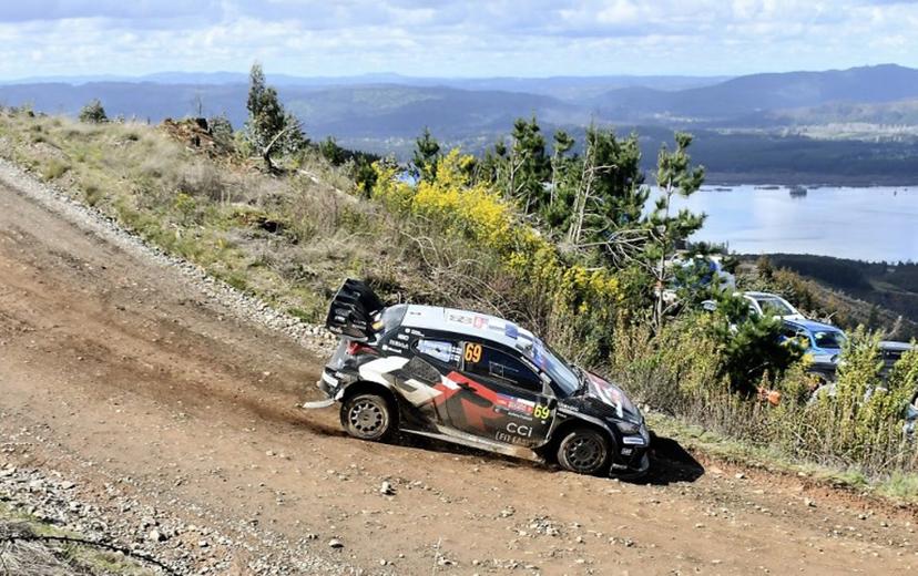 Finnish driver Kalle Rovanpera and co-driver Jonne Halttunen in their Toyota GR Yaris  Rally1 during the second day of the WRC Rally Chile Bio Bio in Concepcion, Chile, on September 13, 2025.  GUILLERMO SALGADO / AFP