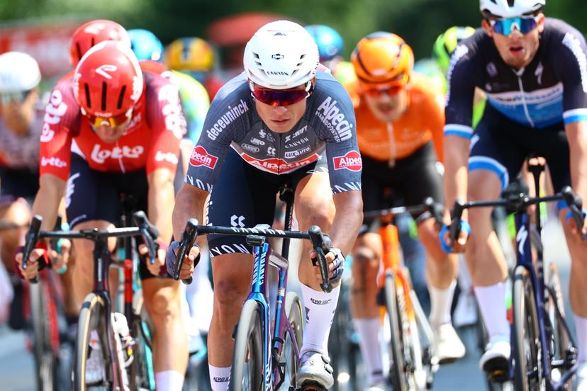 Belgian Jasper Philipsen of Alpecin-Deceuninck pictured in action during the Elfstedenronde one day cycling race, race 4 (out of 8) of the Lotto Belgium  Cup, 196 km with start and finish in Brugge, Sunday 15 June 2025. BELGA PHOTO DAVID PINTENS