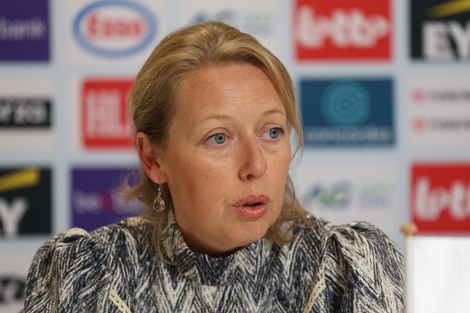 General Director Belgian Cycling Nathalie Clauwaert and pictured during a press conference of the Belgian cycling union to present the new coaches of the national teams, Wednesday 13 November 2024 at their headquarters in Tubize. BELGA PHOTO VIRGINIE LEFOUR