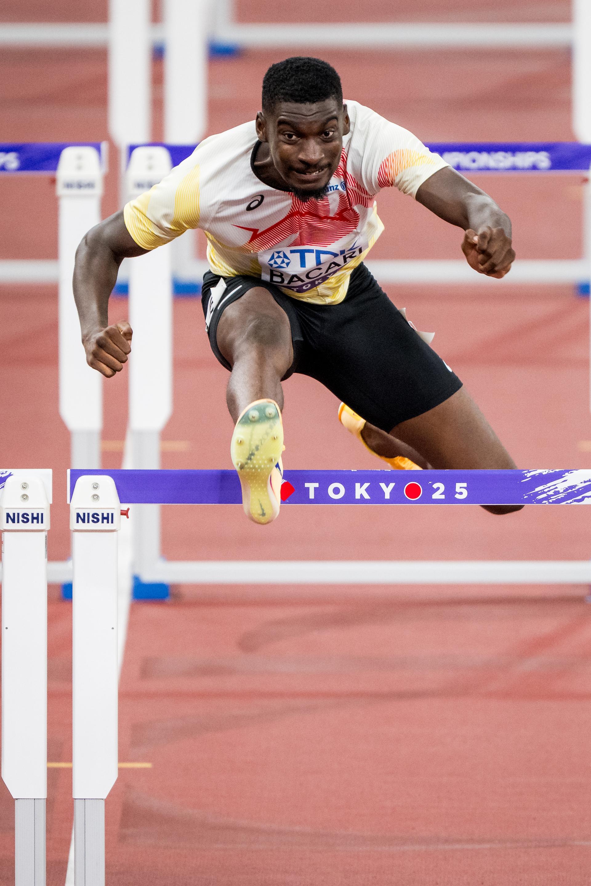 Belgian Elie Bacari pictured in action during the 110m Hurdles men, at the World Athletics Championships in Tokyo, Japan, on Monday 15 September 2025. The outdoor Worlds are taking place from 13 to 21 September. BELGA PHOTO JASPER JACOBS