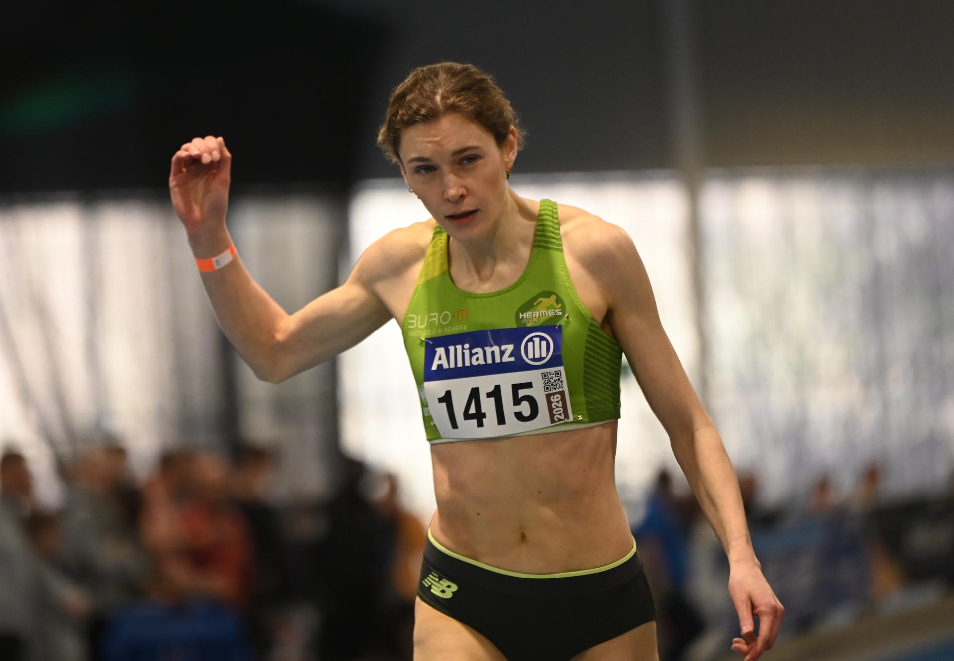 Belgian Helena Ponette finishes and qualify for the worlds with her time in  the 400m race at the Belgian indoor athletics championships, on Sunday 01 March 2026 in Louvain-la-Neuve. BELGA PHOTO ELIAS ROM