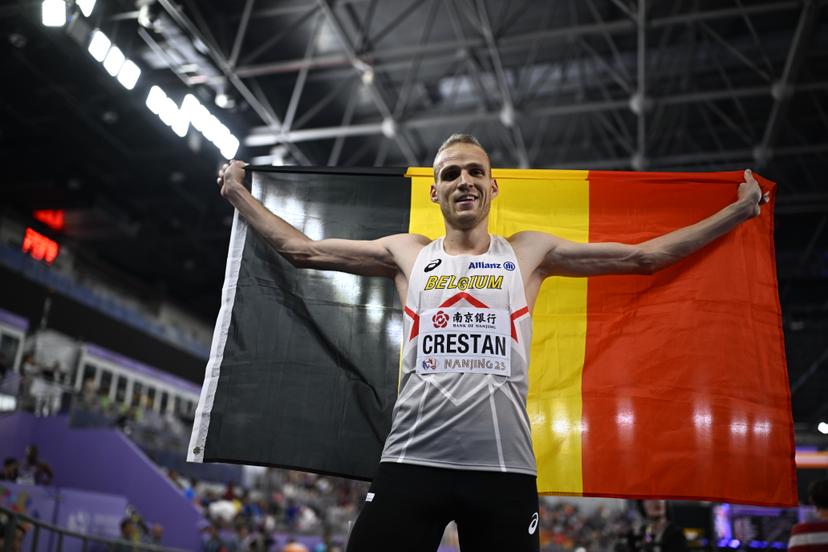 Belgian Eliott Crestan celebrates after finishing second thus winning the silver medal at the men's 800m race of the World Athletics Indoor Championships, in Nanjing, China, Sunday 23 March 2025. The championships take place from 21 to 23 March. BELGA PHOTO JASPER JACOBS
