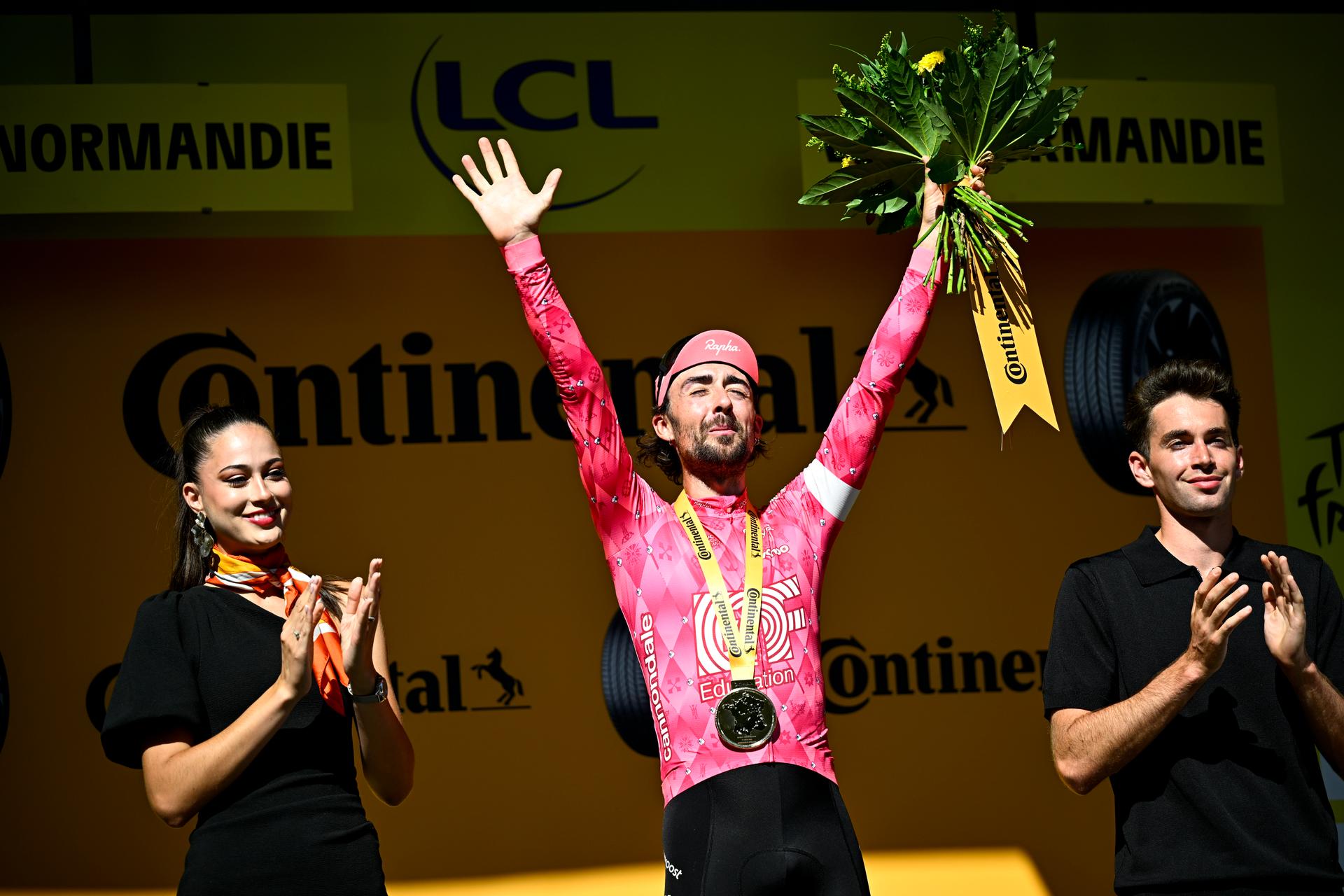 Irish Ben Healy of EF Education-EasyPost celebrates on the podium after winning stage six of the 2025 Tour de France cycling, from Bayeux to Vire Normandie (201 km), on Thursday 10 July 2025 in France. The 112th edition of the Tour de France starts on Saturday 5 July in Lille, France, and will finish in Paris, France on the 27th of July. BELGA PHOTO JASPER JACOBS